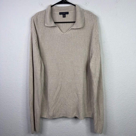 Banana Republic Other - Banana Republic Sweater Mens XL Beige Linen Knit Ribbed Collar Minimalist Preppy